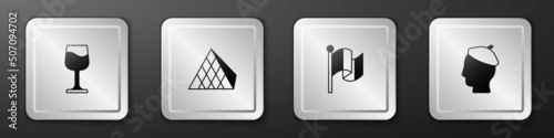 Set Wine glass, Louvre pyramid, Flag France and French man icon. Silver square button. Vector