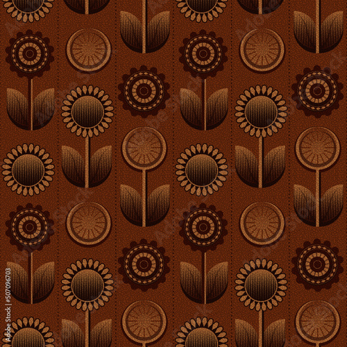 Seamless repeat vector pattern. Retro kitchen wallpaper / tiles from the seventies in brown and orange.