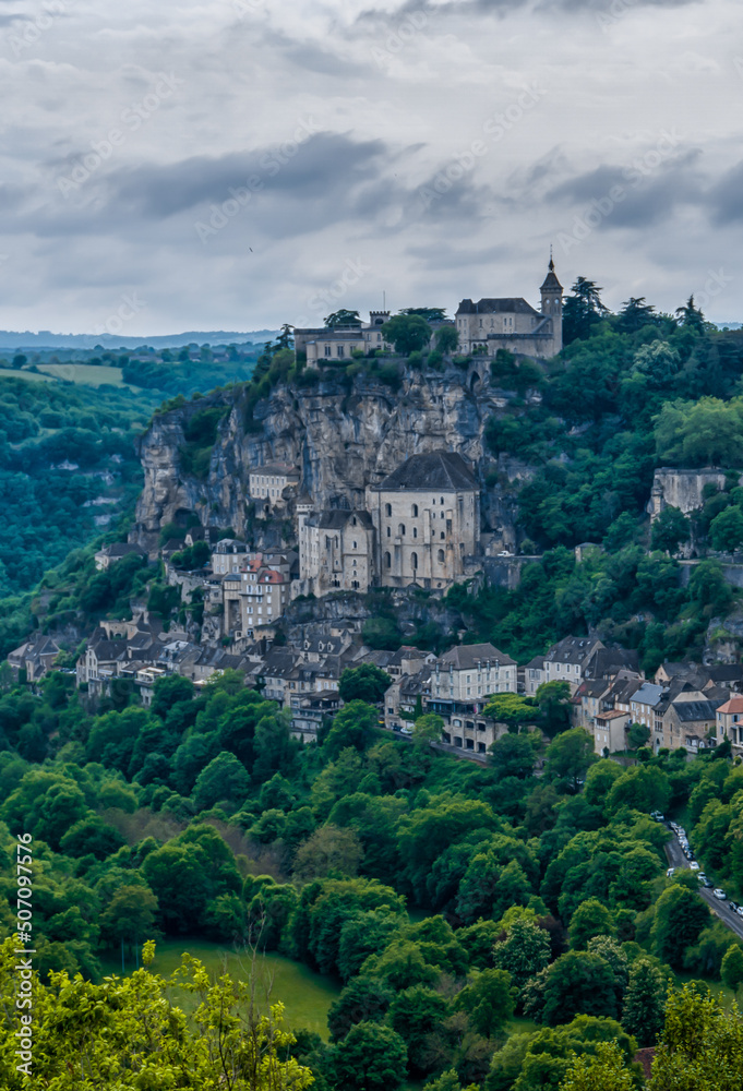 vertical view of the Dordogne Valley and the historic cliffside village of Rocamadour