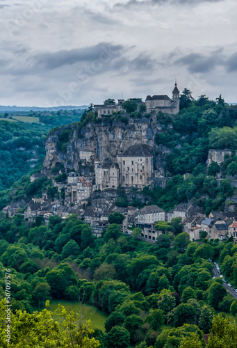 vertical view of the Dordogne Valley and the historic cliffside village of Rocamadour