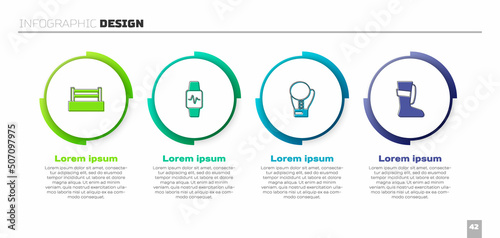 Set Boxing ring, Smart watch with heart, glove and Sport boxing shoes. Business infographic template. Vector