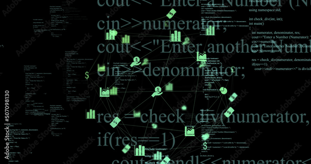 Image of data processing and business icons on black background Image of data processing and business icons on black background