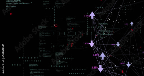 Image of data processing and arrows on black background