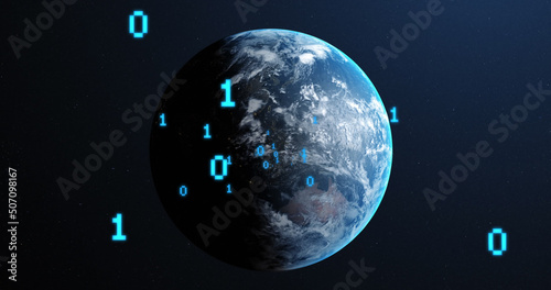 Image of binary coding and globe on black background