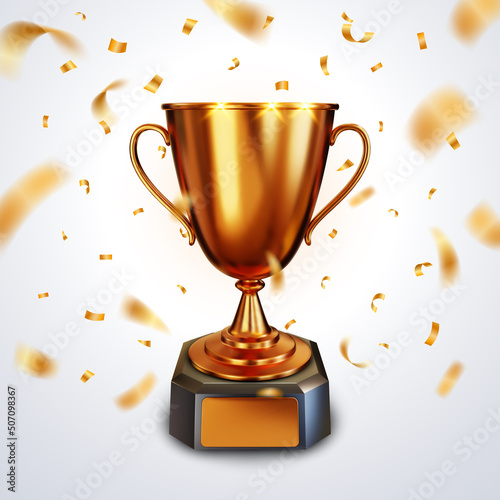 Bronze trophy cup or champion cup with a blank bronze plate for your text and falling shiny bronze color confetti. Realistic 3D vector illustration