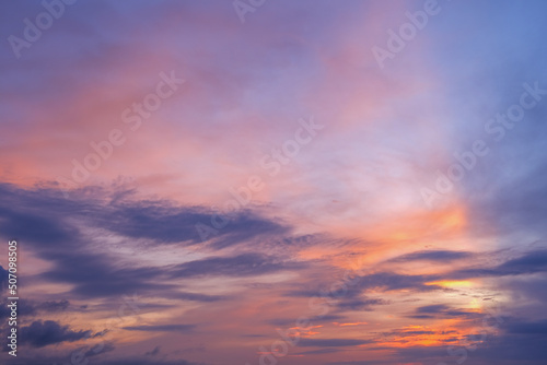Sunrise dramatic sky. Colorful dawn background. Warm light through the cloudscape. Concept of the new beginning.