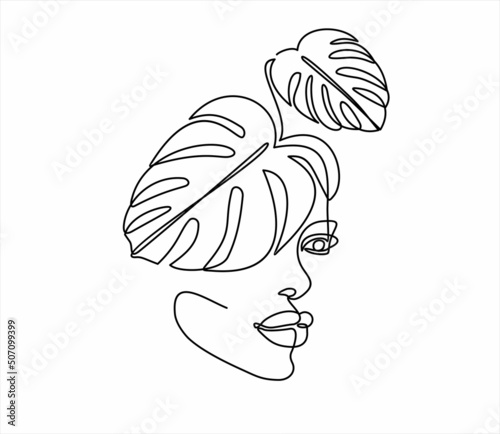 Woman face continuous one line vector drawing. Style templates with abstract female face and monstera leaves. Modern minimalist simple linear style. Beauty fashion design