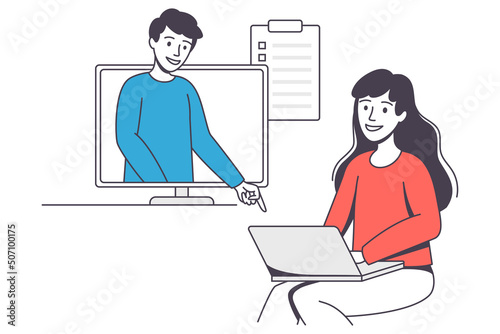 Online Learning with Man and Woman Student and Instructor Engaged in Virtual Classes Outline Vector Illustration