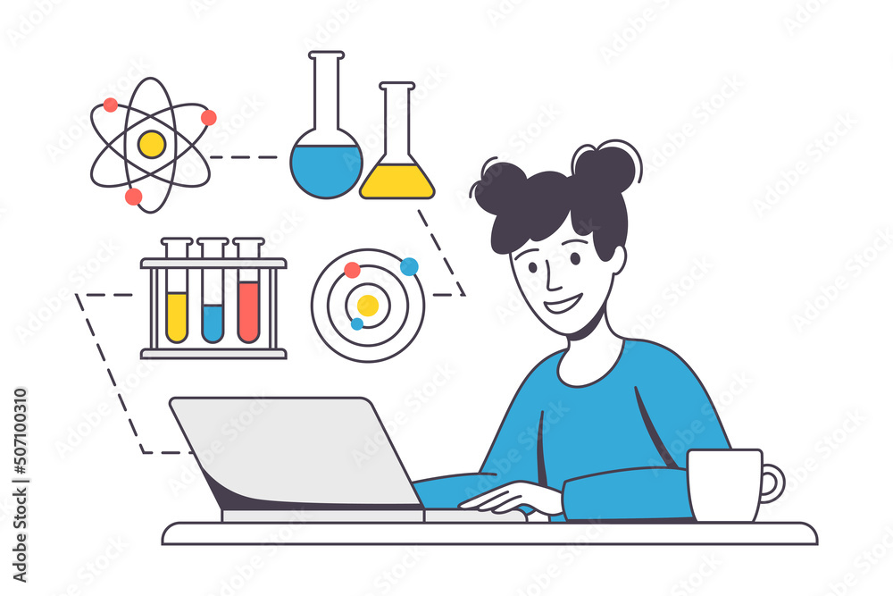 Online Learning with Woman Student Engaged in Virtual Classes Outline Vector Illustration