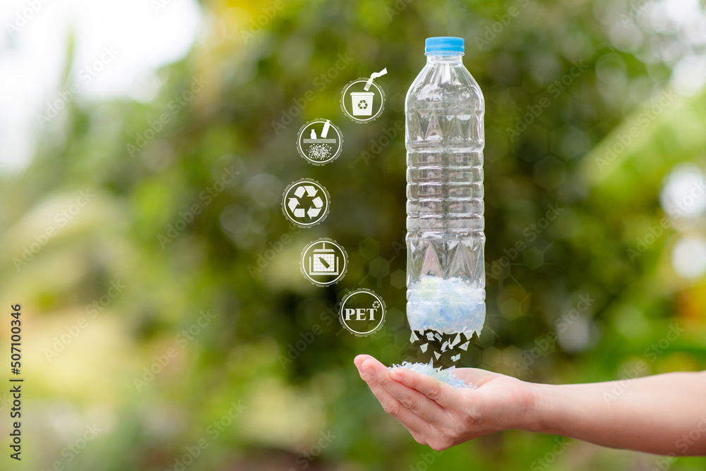 The process of cutting plastic bottles into flakes or small pieces of