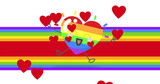 Image of falling hearts over rainbow