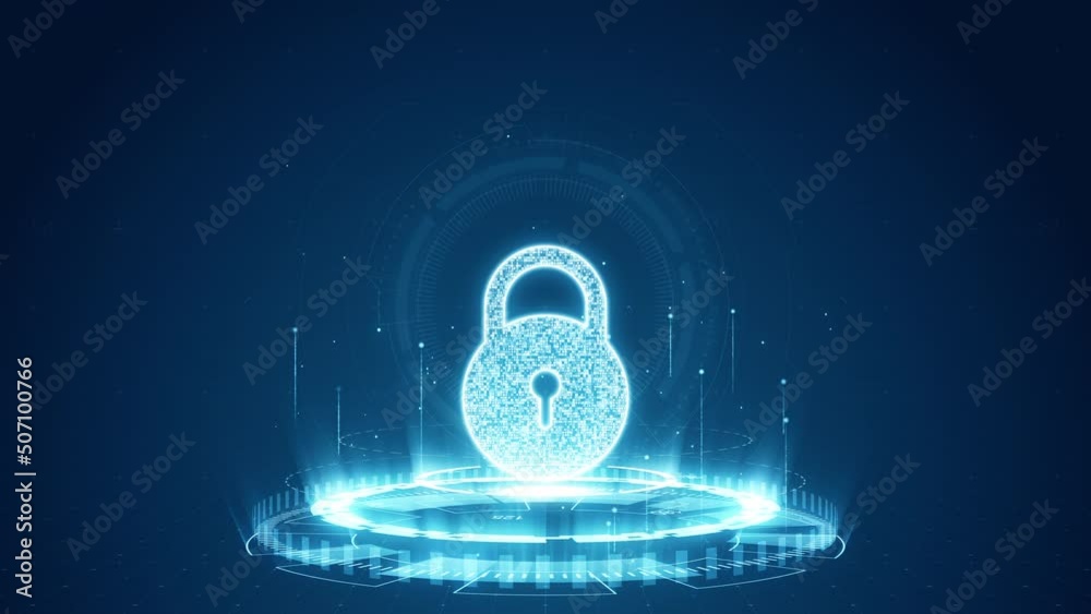 Motion graphic of Blue security key logo with digital futuristic technology circle rotation and levitation particle on abstract background