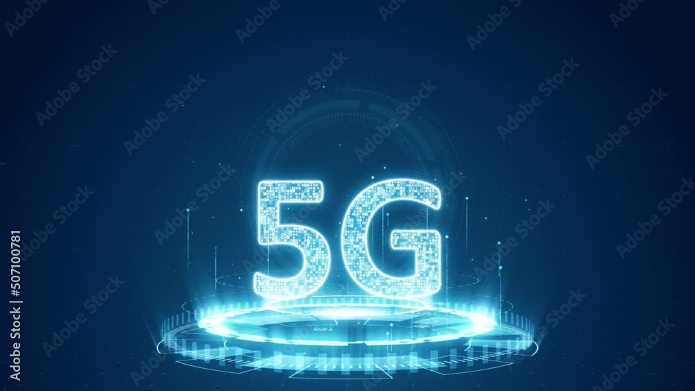 Motion graphic of Blue digital 5G logo with futuristic technology circle rotation and levitation particle on abstract background