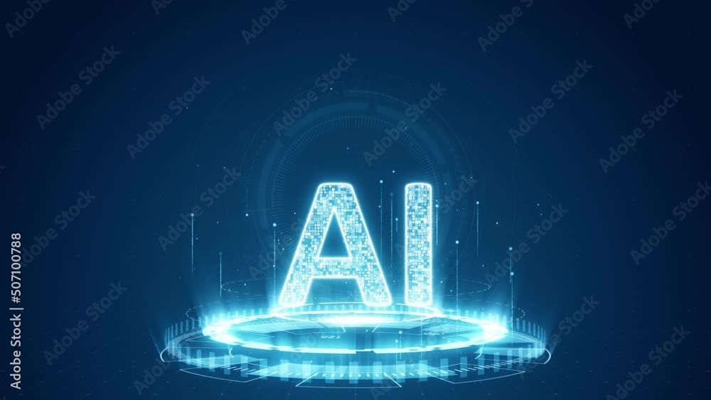 Motion graphic of Blue digital AI logo with futuristic technology circle rotation and levitation particle on abstract background