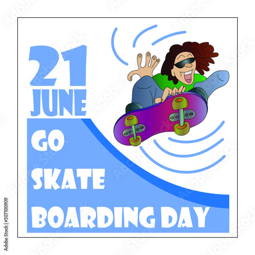 Go Skateboarding day. the boy does a trick on a skateboard. Poster design illustration in vector.