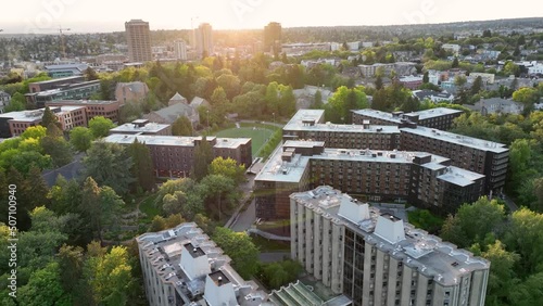 Orbiting aerial of the dorms at the University of Washington. photo