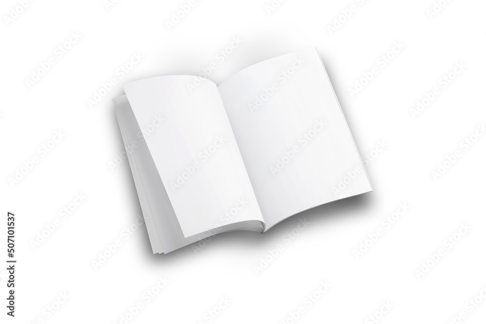 Blank white open magazine or book mockup isolated on white background. 3d rendering. Blank white open magazine or book mockup isolated on white background. 3d rendering.