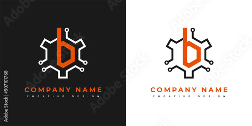 Modern Logo B Letter Initial And Fiber Optic Cable. Vector Design Template. Icon of the circuit board line with gear. Sign used for technology, engineering, network. Concept Electronic components