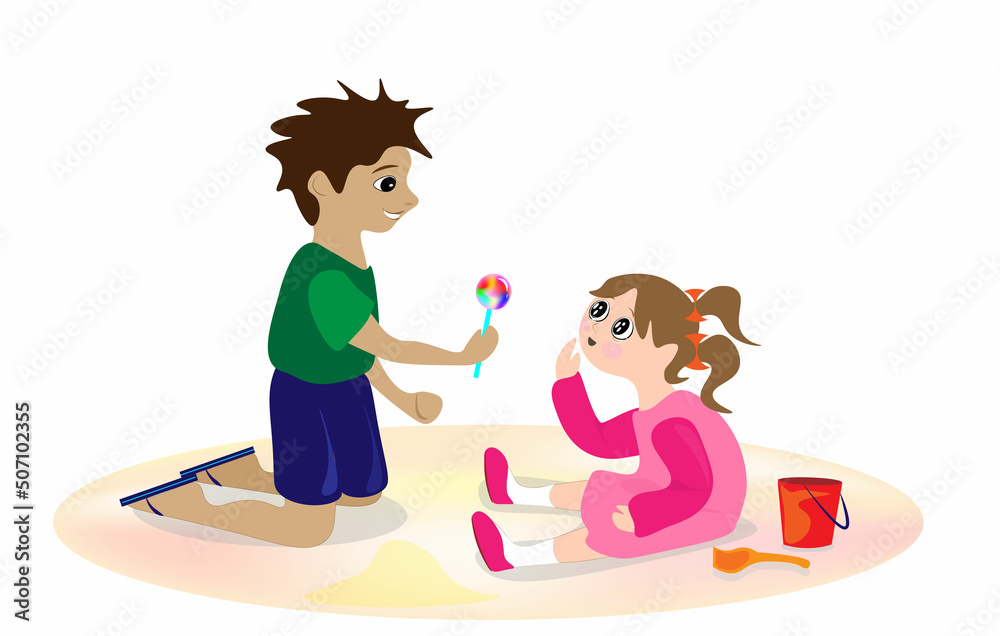 Children's day illustration. A little cute girl sits and cries, but a kind little boy brought her candy to comfort the little girl. Children's day illustration. A little cute girl sits and cries, but a kind little boy brought her candy to comfort the little girl.
