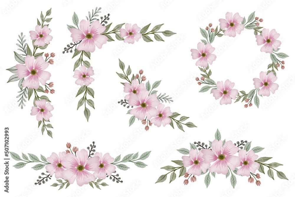arrangement of pink floral watercolor frame for wedding invitation