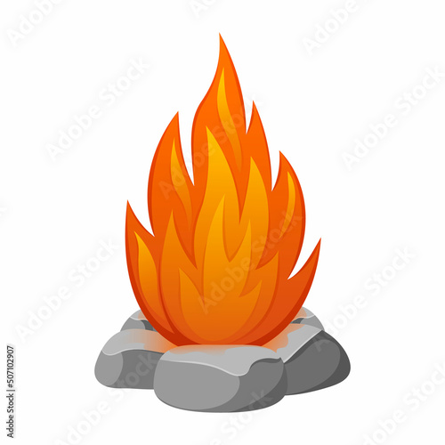 Bonfire, vector illustration flame with stones, element of hiking, camping, outdoor recreation. Cartoon style. For banner, sticker, games.