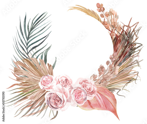Watercolor oval round frame with a bouquet of flowers from light roses and dried flowers of palm leaves for cards isolated on white © Марина Воюш