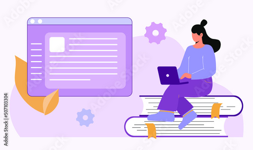 Online learning concept. Illustration for landing page. The girl is working on a laptop.