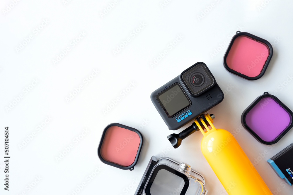 Chiang Rai, Thailand - May 25, 2022: The all new GoPro Hero10 Black and  diving accessories on white table background. action cam. top view. flat  lay Stock Photo | Adobe Stock