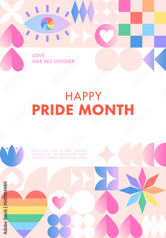 Pride month poster template.LGBTQ+ community vector layout in bauhaus style with geometric elements and rainbow lgbt symbols.Human rights movement concept.Gay parade.Colorful cover design.