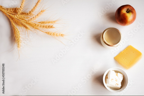 Wheat ears and fresh dairy milk products photo