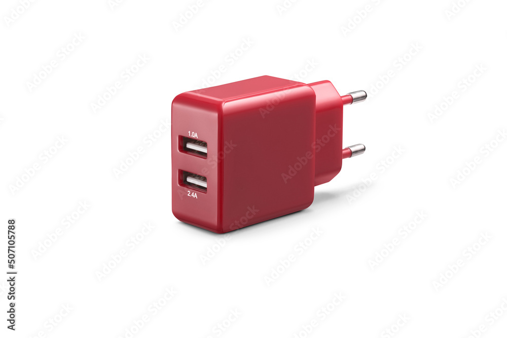 Red simple dual USB wall charger, isolated on white background