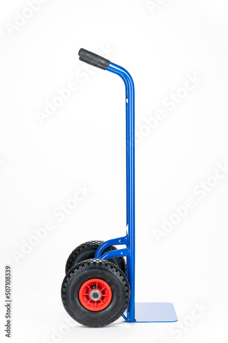 Blue 2-wheel trolley, with rubber wheels, on the white background