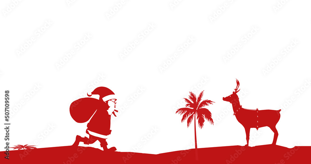 Fototapeta premium Image of red santa claus and reindeer with palm trees on white background