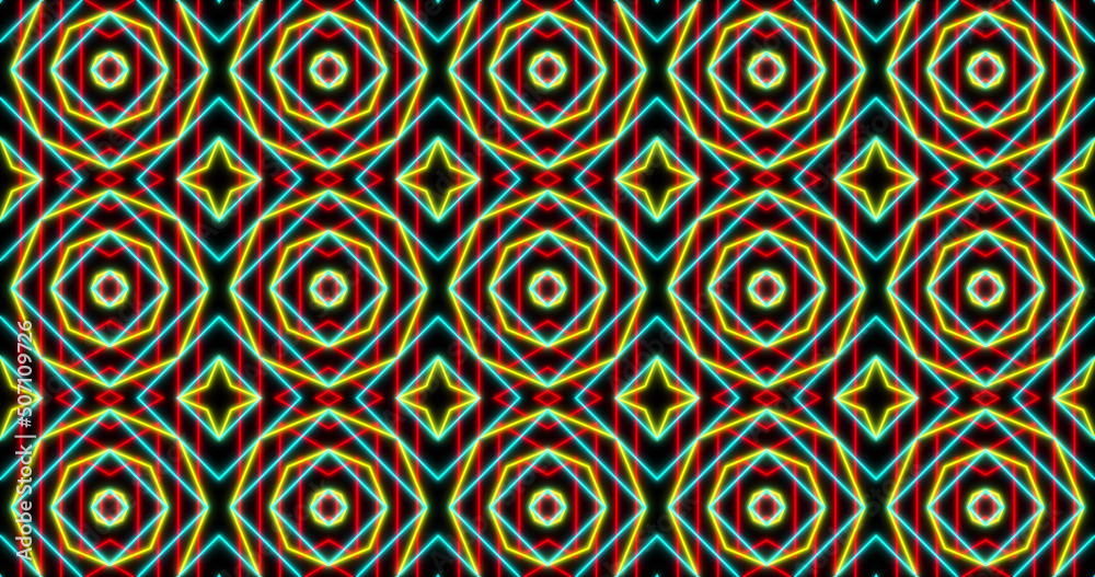 Image of kaleidoscope neon pattern moving in hypnotic motion on seamless loop