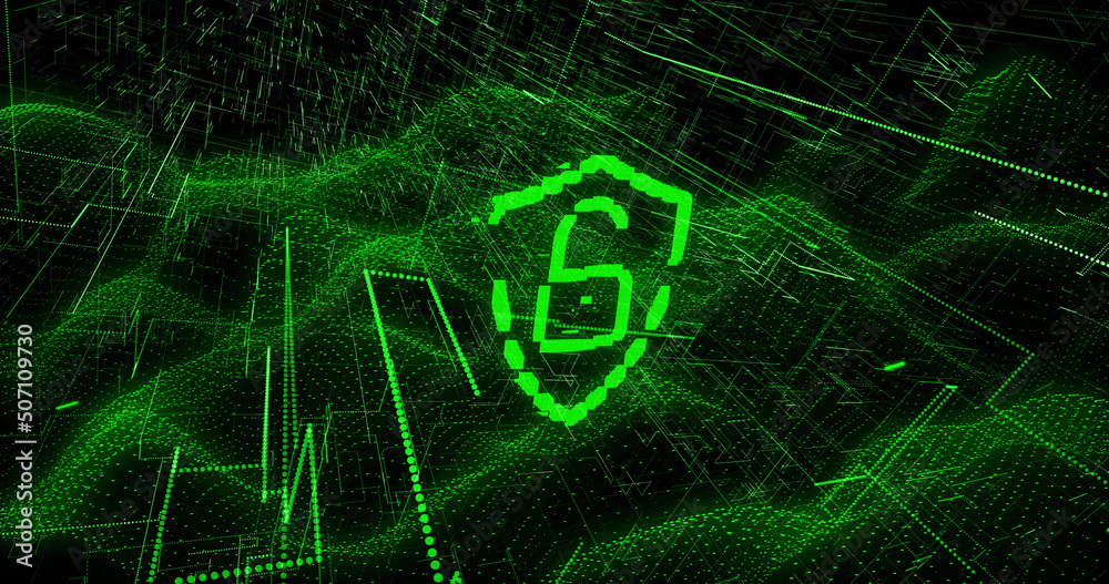 Naklejka premium Image of digital shield with padlock over black background with green lines