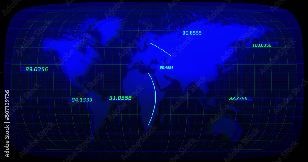 Image of numbers and connections over blue background with world map Image of numbers and connections over blue background with world map