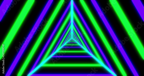 Image of purple and green neon pattern moving in hypnotic motion on seamless loop