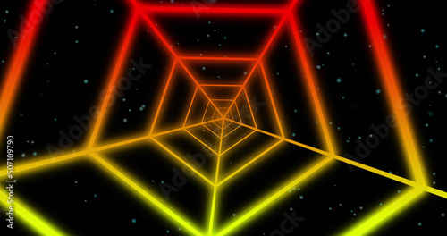 Image of red and yellow neon pattern moving in hypnotic motion on seamless loop
