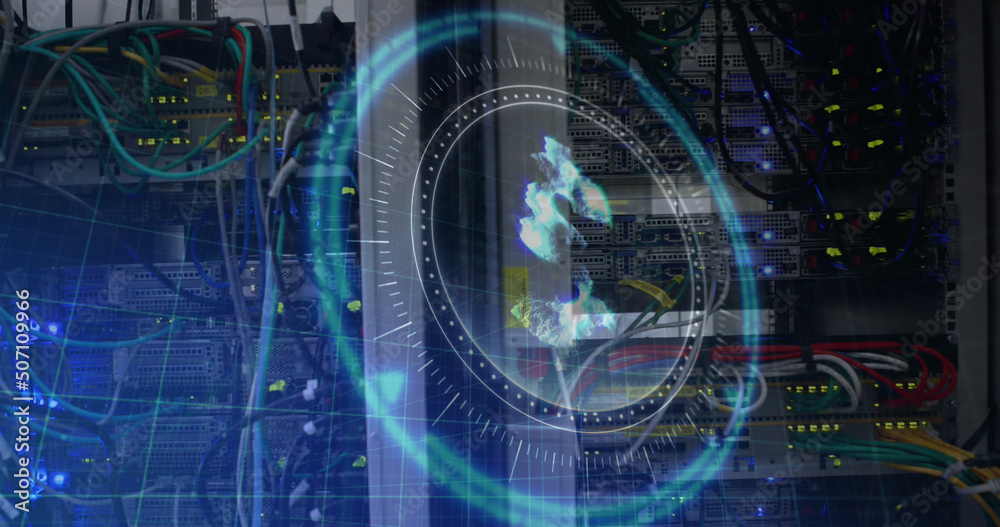 Naklejka premium Image of dollar sign on rotating safe lock over data processing and computer server
