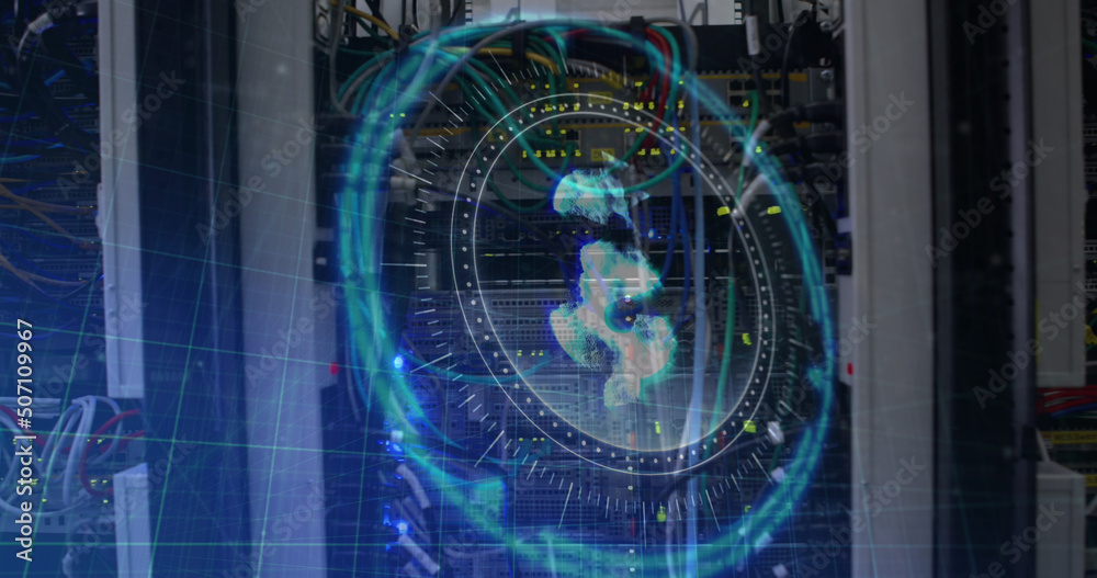 Obraz premium Image of dollar sign on rotating safe lock over data processing and computer server