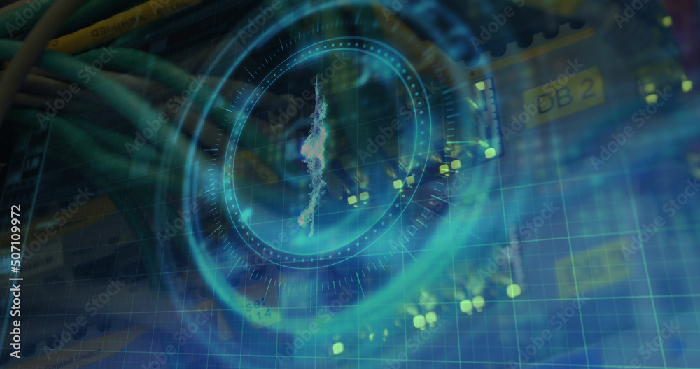Obraz premium Image of bitcoin symbol on rotating safe lock over data processing and computer server
