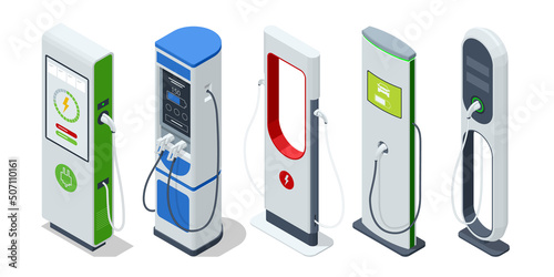 Car charger. Realistic electromobile charging station. Alternative fuel. Socket for electrical-car-battery charger with load indicator lights.