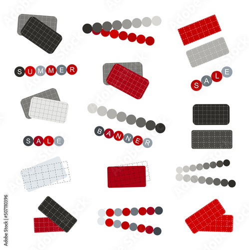 Tag, sticker, label templates for space marketing information, message vector set illustration. Dotted squared banners. Design elements. Sale, banner, summer words shape circles by abc letter to sign.