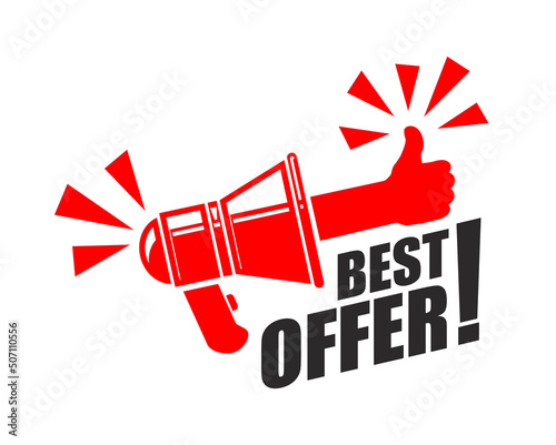 Advertising sticker best offer with red thumb up and megaphone. Vector on transparent background