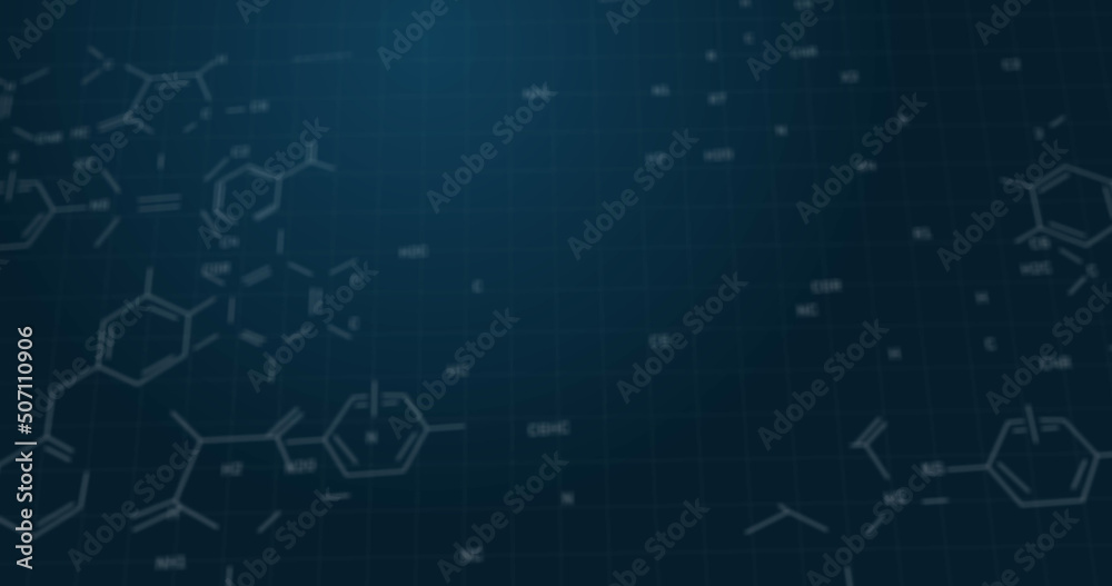 Image of chemical formula structures moving on blue background