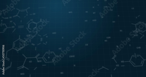 Image of chemical formula structures moving on blue background