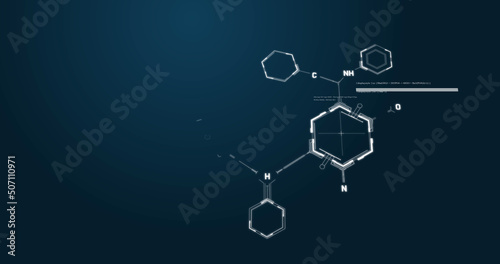 Image of chemical formula structures moving on blue background photo