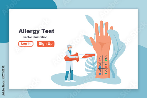 Allergy test landing page. Doctor holds pipette in hand for research. Medical vector illustration flat design. Laboratory equipment for analysis. Allergic reaction concept.