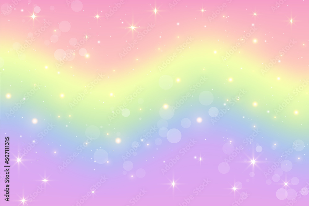 Rainbow unicorn fantasy wavy background with bokeh and stars. Holographic illustration in pastel colors. Bright multicolored sky. Vector.