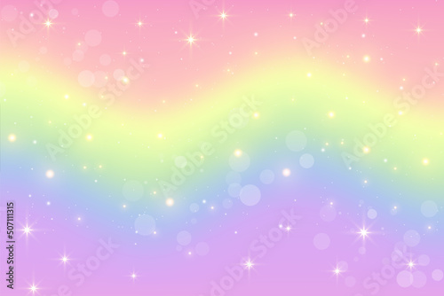 Rainbow unicorn fantasy wavy background with bokeh and stars. Holographic illustration in pastel colors. Bright multicolored sky. Vector.